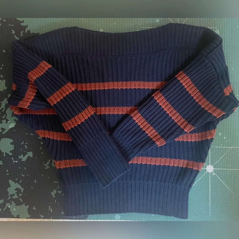 Banana Republic Boatneck Button Shoulder Striped Sweater Navy & Brown Sz Med - Picture 10 of 11
